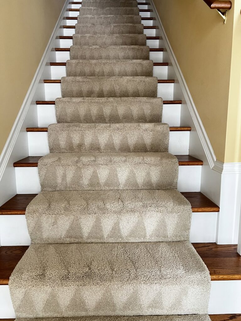 The result of professional carpet stair cleaning with visible lines by Hartford's Carpet Cleaning in Toledo, OH