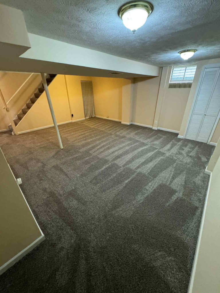 Carpet stair treads combined with LVP flooring on a landing, installed by Rogers Specialty Flooring and Improvements in Omaha, NE