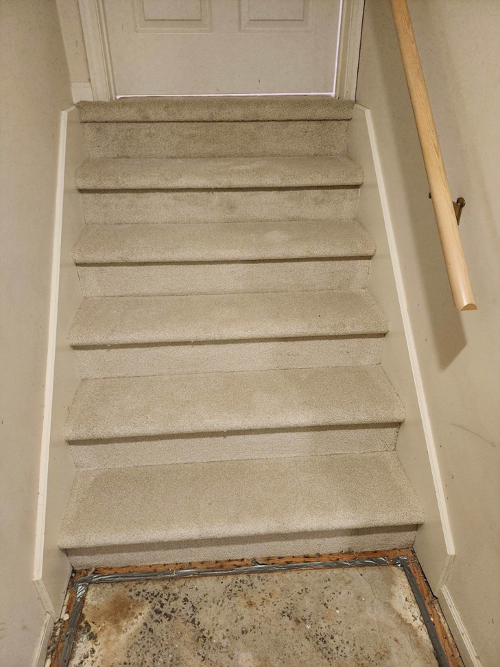 Carpeted stairs showing subfloor and tack strips, indicating a carpet installation by Zubeck Flooring in Blue Springs, MO