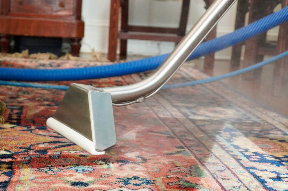 Professional carpet steam cleaning in progress on an area rug by Tru-Steam Carpet & Upholstery Cleaning in Guyton, GA