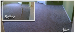 Before and after comparison of a carpet stretching job by Huntsville Carpet Tech in Huntsville, AL, showing a wrinkled carpet made smooth.