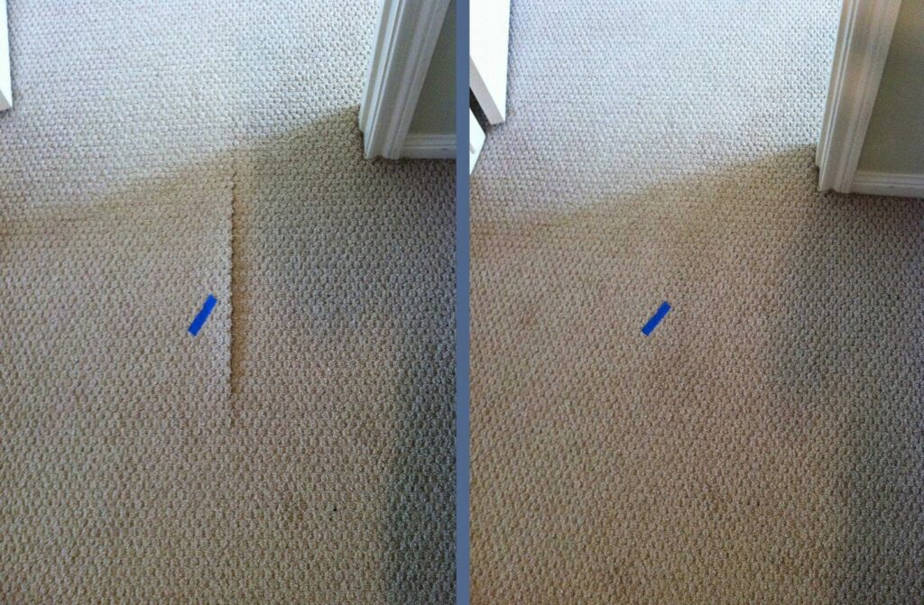 Before and after photos of a carpet stretching and repair service by The Carpet Specialists in Houston, TX.