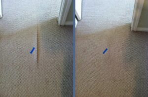 Before and after photos of a carpet stretching and repair service by The Carpet Specialists in Houston, TX.