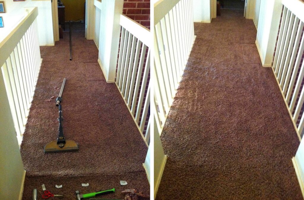 Before and after photos of a carpet stretching and repair job in a hallway by The Carpet Specialists in Houston, TX.