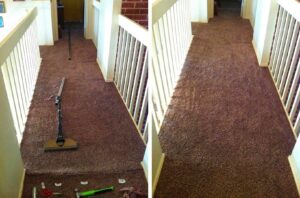 Before and after photos of a carpet stretching and repair job in a hallway by The Carpet Specialists in Houston, TX.