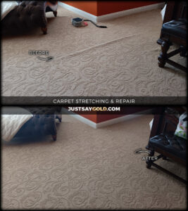Before and after of carpet stretching and repair in a residential room by GoldCoast Carpet & Tile Care in Sacramento, CA.