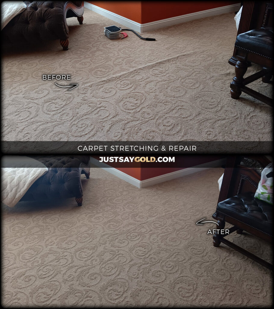 Before and after of carpet stretching and repair in a residential room by GoldCoast Carpet & Tile Care in Sacramento, CA.