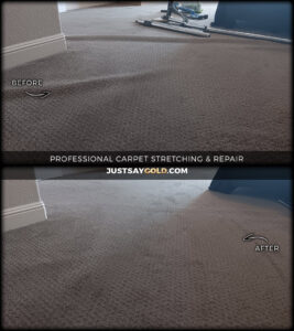 Before and after of carpet stretching and repair using a power stretcher by GoldCoast Carpet & Tile Care in Sacramento, CA.
