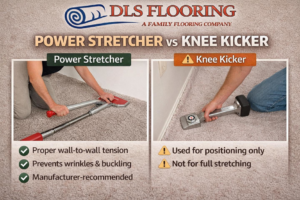 A comparison of carpet stretching tools, showing a power stretcher and a knee kicker in use by DLS Flooring in Akron, OH.
