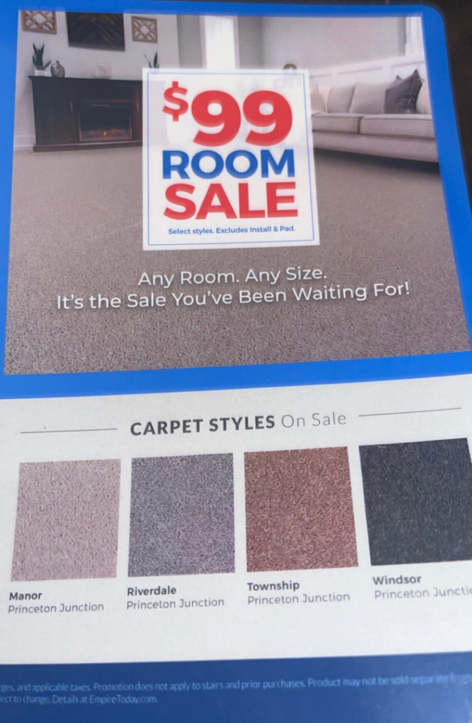 A brochure displaying various carpet styles on sale for Erin Wruck Consulting LLC in Converse, TX
