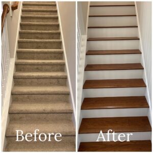 Before and after view of a staircase, showing old carpet replaced with new hardwood flooring by Atlas Flooring & Design in Raleigh, NC.