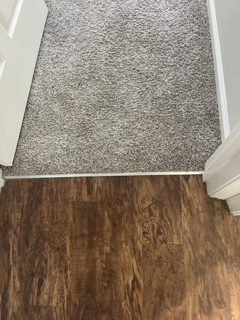 A close-up view of a clean transition from new carpet to hardwood flooring, installed by Floors To Go in Virginia Beach, VA.