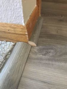 Close-up of a carpet to laminate flooring transition with quarter round trim by DW Finishings in Bismarck, ND