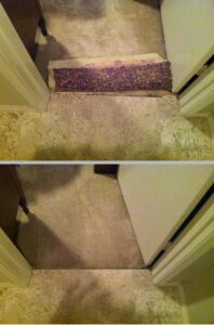 Before and after images of a carpet transition repair completed by The Carpet Specialists in Houston, TX.