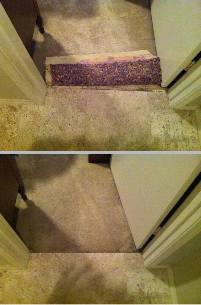 Before and after images of a carpet transition repair completed by The Carpet Specialists in Houston, TX.