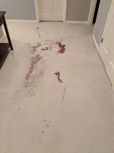 A light-colored carpet with a significant red wine stain, awaiting professional cleaning by Real Green Cleaning in Indianapolis, IN.