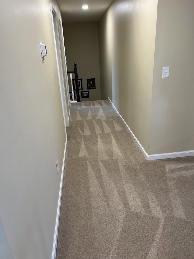 Carpeted hallway showing fresh cleaning lines from Roberts Cleaning Services in Zionsville, IN.