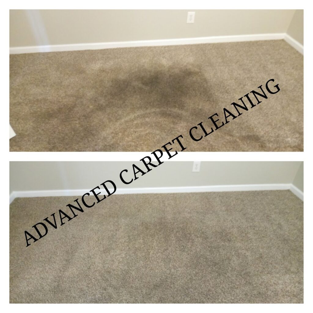 Before and after view of a professionally cleaned carpeted room by Advanced Carpet Cleaning in College Station, TX