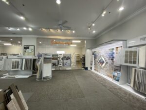 A wide view of the carpeted showroom floor at Chattanooga Flooring Center in Chattanooga, TN, showcasing various flooring options.