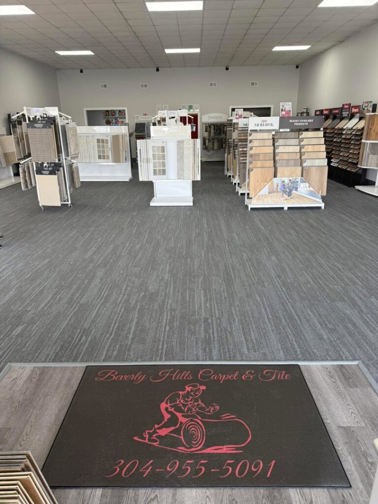 An interior view of the carpeted showroom at Beverly Hills Carpet & Tile in Huntington, WV.