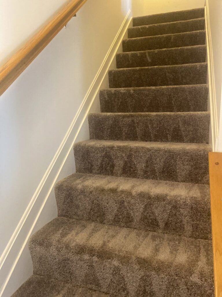 A carpeted staircase showing fresh cleaning lines after professional service by USA Clean Master in Baltimore, MD