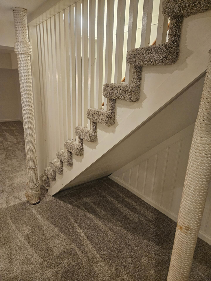 A newly carpeted staircase and basement area installed by Carpets Mostly in Indianapolis, IN