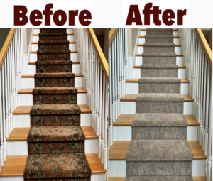 Before and after view of a carpeted staircase installed by Essex Companies LLC in Salem, NH.