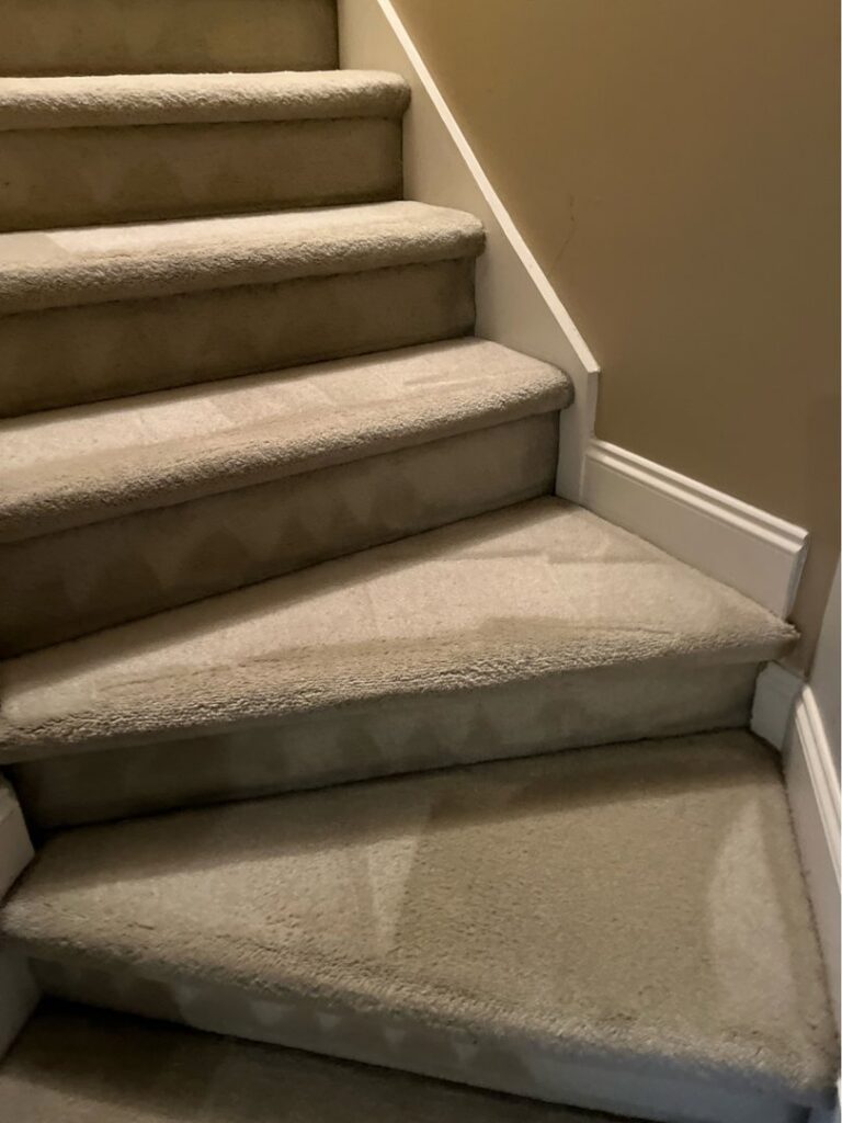 Cleaned carpeted stairs with visible cleaning lines after service by Winston Salem Carpet Cleaning by Hernandez in Greensboro, NC.