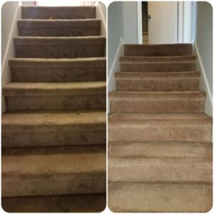 A before and after comparison of carpeted stairs showing significant cleaning results by 765 Custom Cleaners in Lafayette, IN.