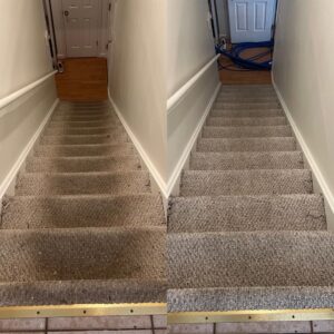 Before and after comparison of carpeted stairs after professional cleaning by BeClean in Charlotte, NC.