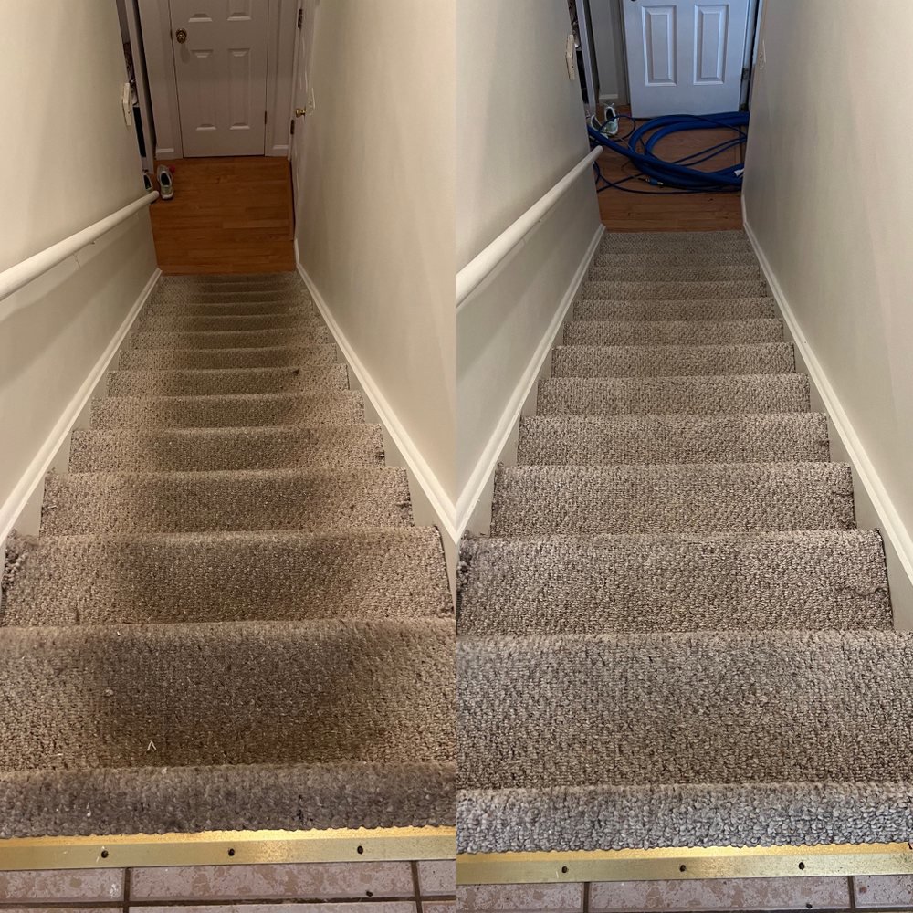 Before and after comparison of carpeted stairs after professional cleaning by BeClean in Charlotte, NC.