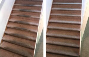 Before and after comparison of professionally cleaned carpeted stairs by Heaven's Best Carpet Cleaning of Rio Rancho ABQ.