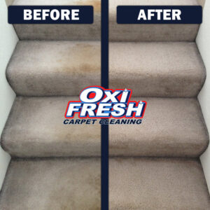 Before and after of dirty carpeted stairs professionally cleaned by Oxi Fresh Carpet Cleaning in Frederick, MD