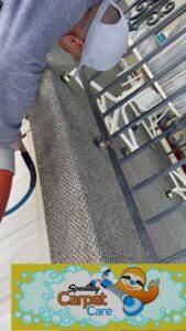 A professional cleaning carpeted stairs with a specialized tool by Specialty Carpet Care in Surprise, AZ