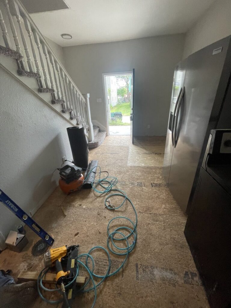 Carpeted stairs and flooring installation in progress by A-1 Floors in Fairfield, CA.