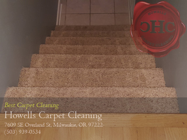 Carpeted stairs showing a clear difference between cleaned and uncleaned sections by Howells Carpet Cleaning in Milwaukie, OR.