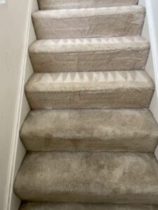 Carpeted stairs showing a clear distinction between cleaned and uncleaned sections by Iclean Indy in Indianapolis, IN.