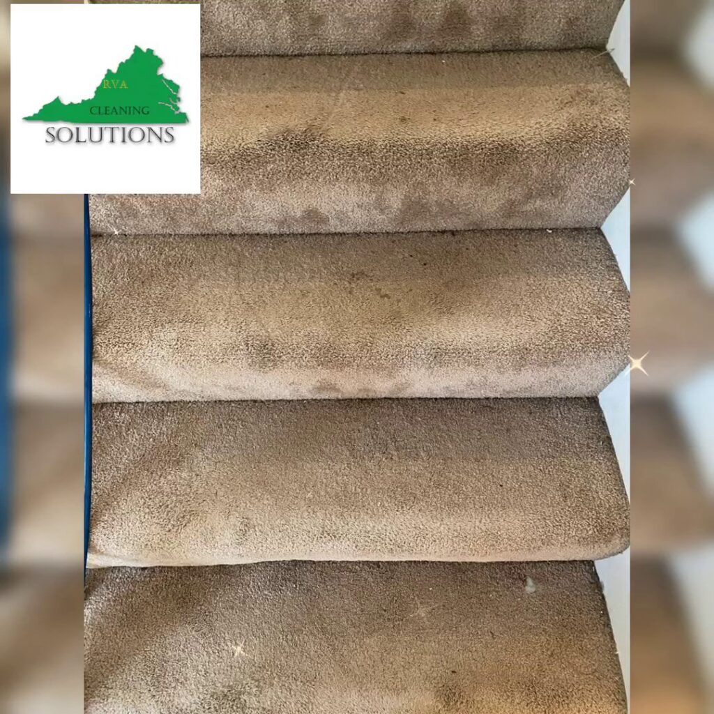 Carpeted stairs showing a clear difference between cleaned and uncleaned sections by RVA Cleaning Solutions in Richmond, VA