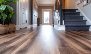 A residential hallway featuring professionally carpeted stairs by Duke Brothers Oriental Rug Cleaning in Norfolk, VA.