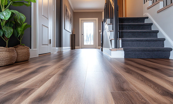 A residential hallway featuring professionally carpeted stairs by Duke Brothers Oriental Rug Cleaning in Norfolk, VA.
