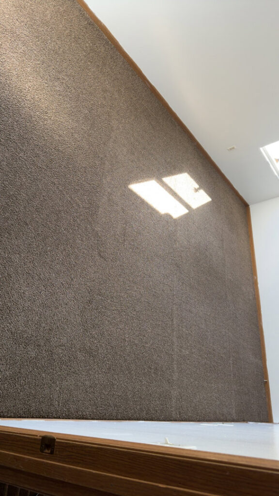 A carpeted wall being professionally cleaned, showing a clear clean strip, by Zerorez ChicagoLand in Naperville, IL.