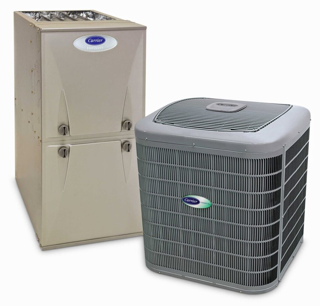 A Carrier Infinity furnace and an outdoor Carrier air conditioning unit, representing HVAC systems installed by Environmental Heating & Air NC in Cary, NC.