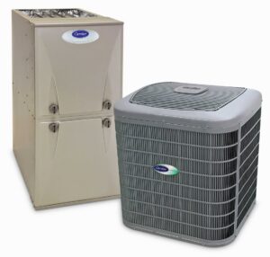 A Carrier Infinity furnace and an outdoor Carrier air conditioning unit, representing HVAC systems installed by Environmental Heating & Air NC in Cary, NC.