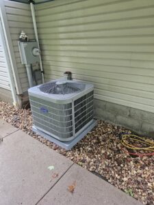 A Carrier outdoor air conditioning unit installed or serviced by T. D'Albora Heating and Cooling in Erie, PA.