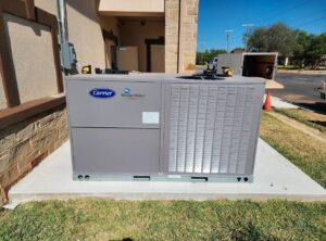 A Carrier WeatherMaker HVAC unit newly installed by Norway Air Conditioning Inc. in Laredo, TX.