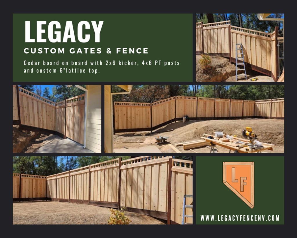 A collage showcasing cedar board on board fences with lattice tops by Legacy Custom Gates & Fences in Reno, NV