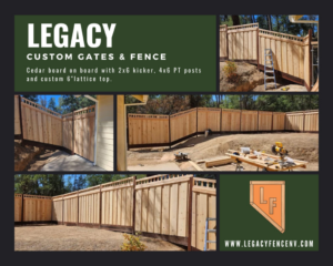A collage showcasing cedar board on board fences with lattice tops by Legacy Custom Gates & Fences in Reno, NV