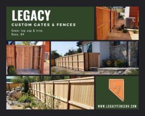 A collage showcasing various cedar fence installations with top cap and trim by Legacy Custom Gates & Fences in Reno, NV