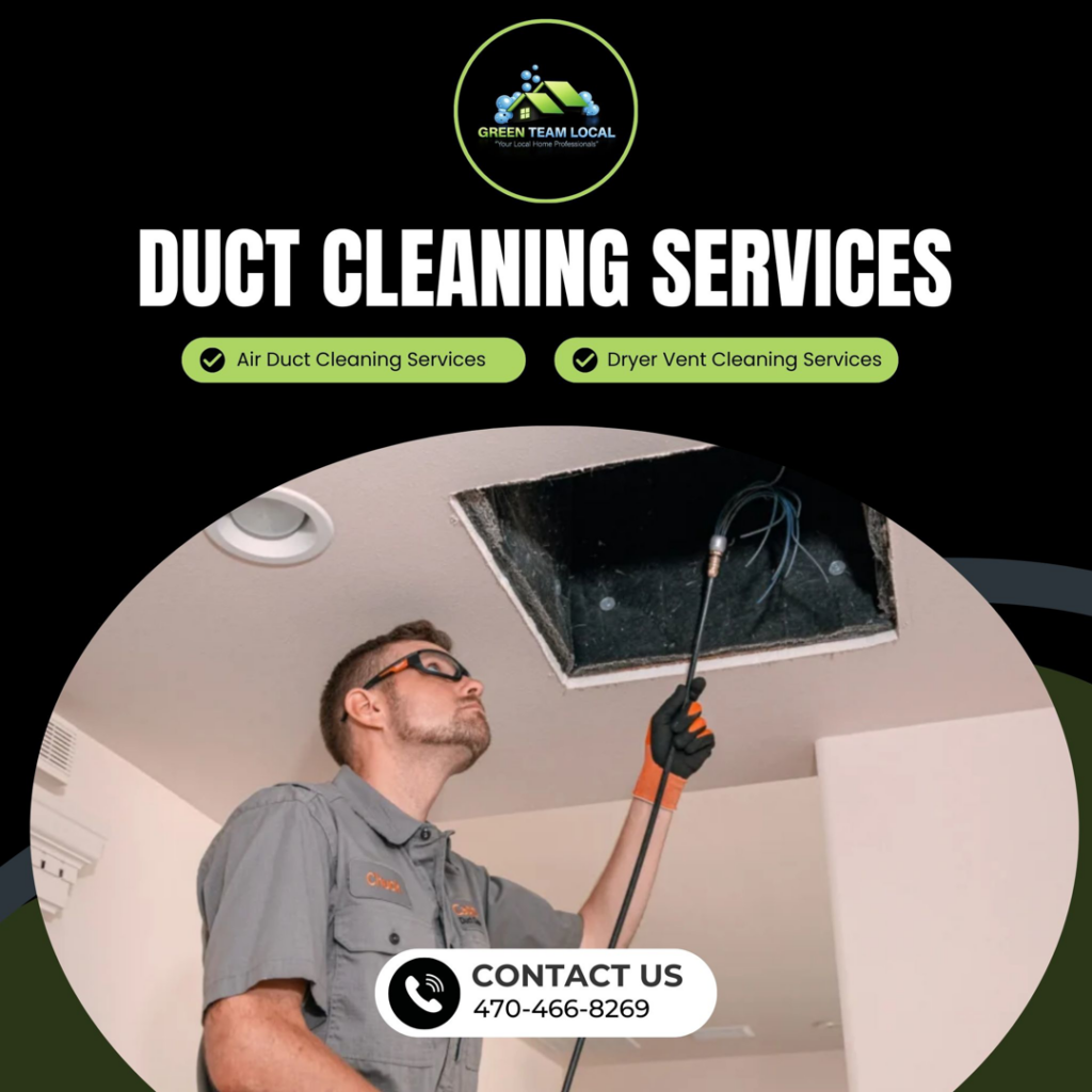 A Green Team Local technician cleaning a ceiling air duct opening with a specialized tool in Page.