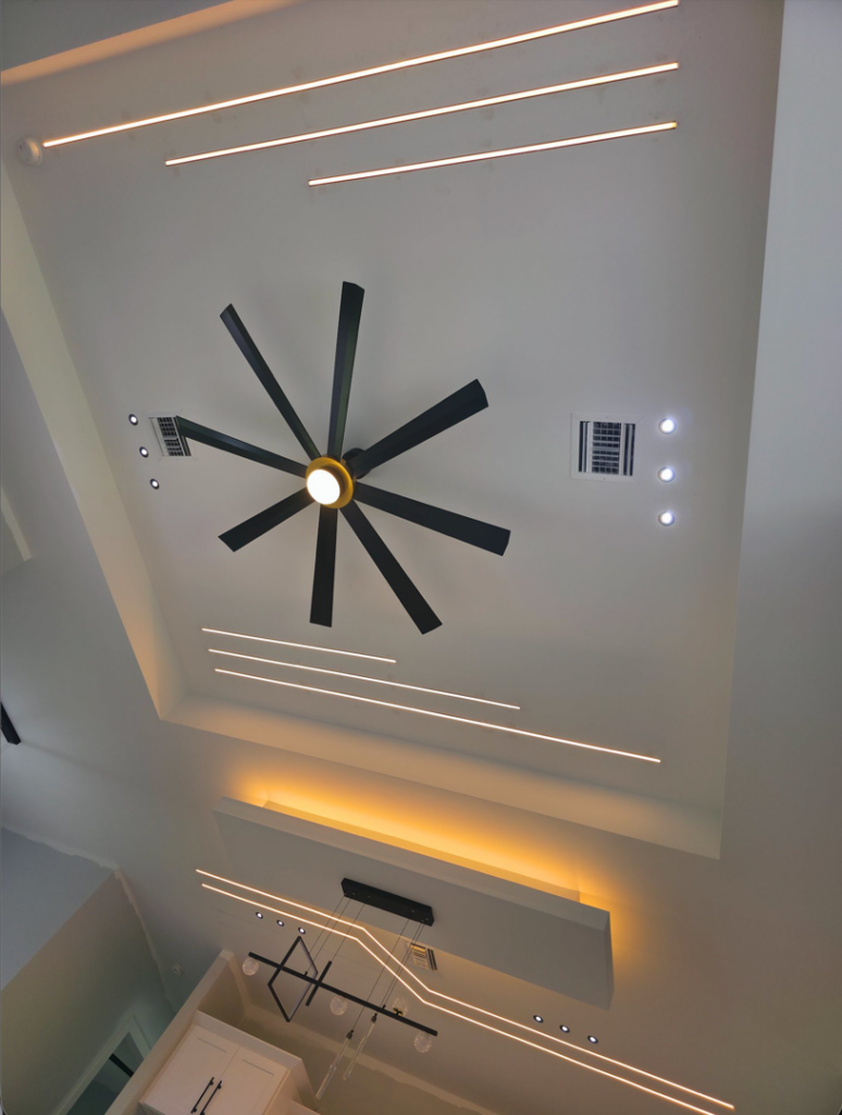 Ceiling with a large modern fan and integrated LED strip lighting installed by NDLIGHT-Smart Home in NW 28th.